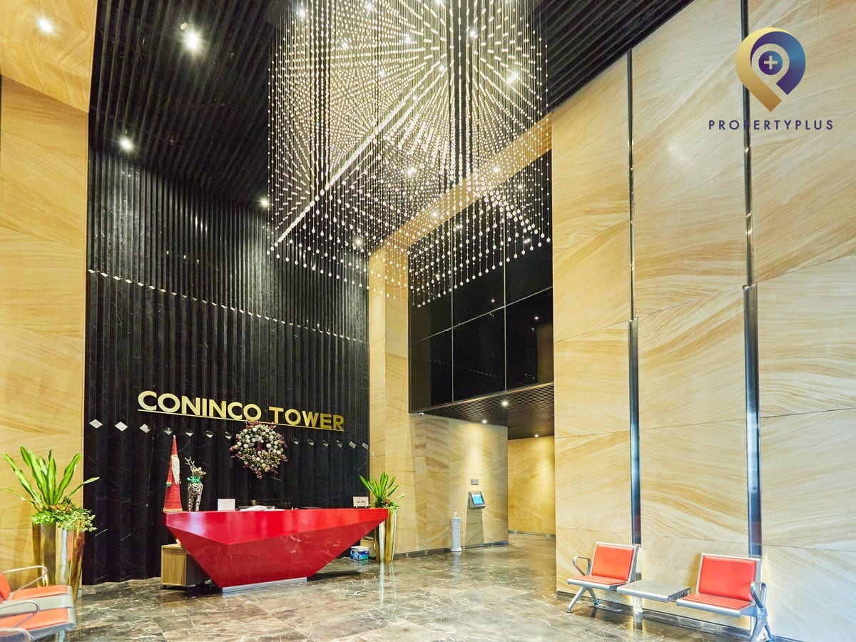 Lobby area of Coninco Tower with modern design and comfortable seating - hình ảnh từ Property Plus